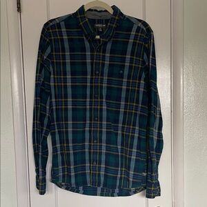Toad and Co Long Sleeve Blue Green Plaid Button Down Cotton Shirt Slim Fit